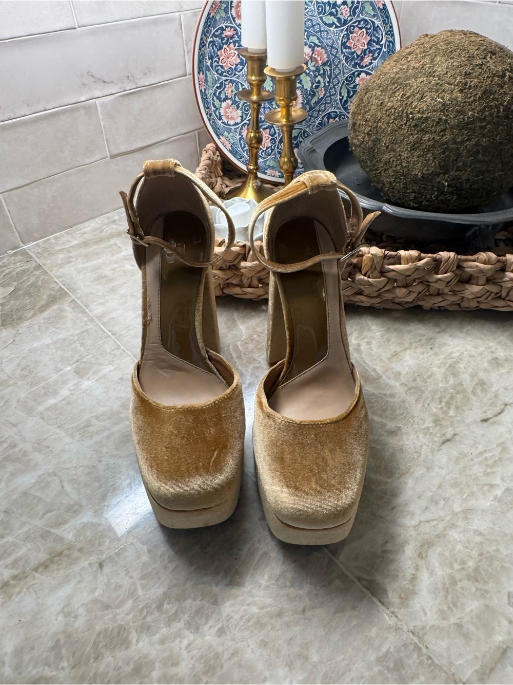 Gianni Bini Velvet Platform Block Heel Pumps 
 in Gold - Picture 4 of 8
